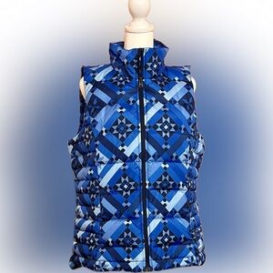 Lands' End Women’s Med 600-Fill Down Puffer Vest, Blue “Patchwork Quilt” Pattern